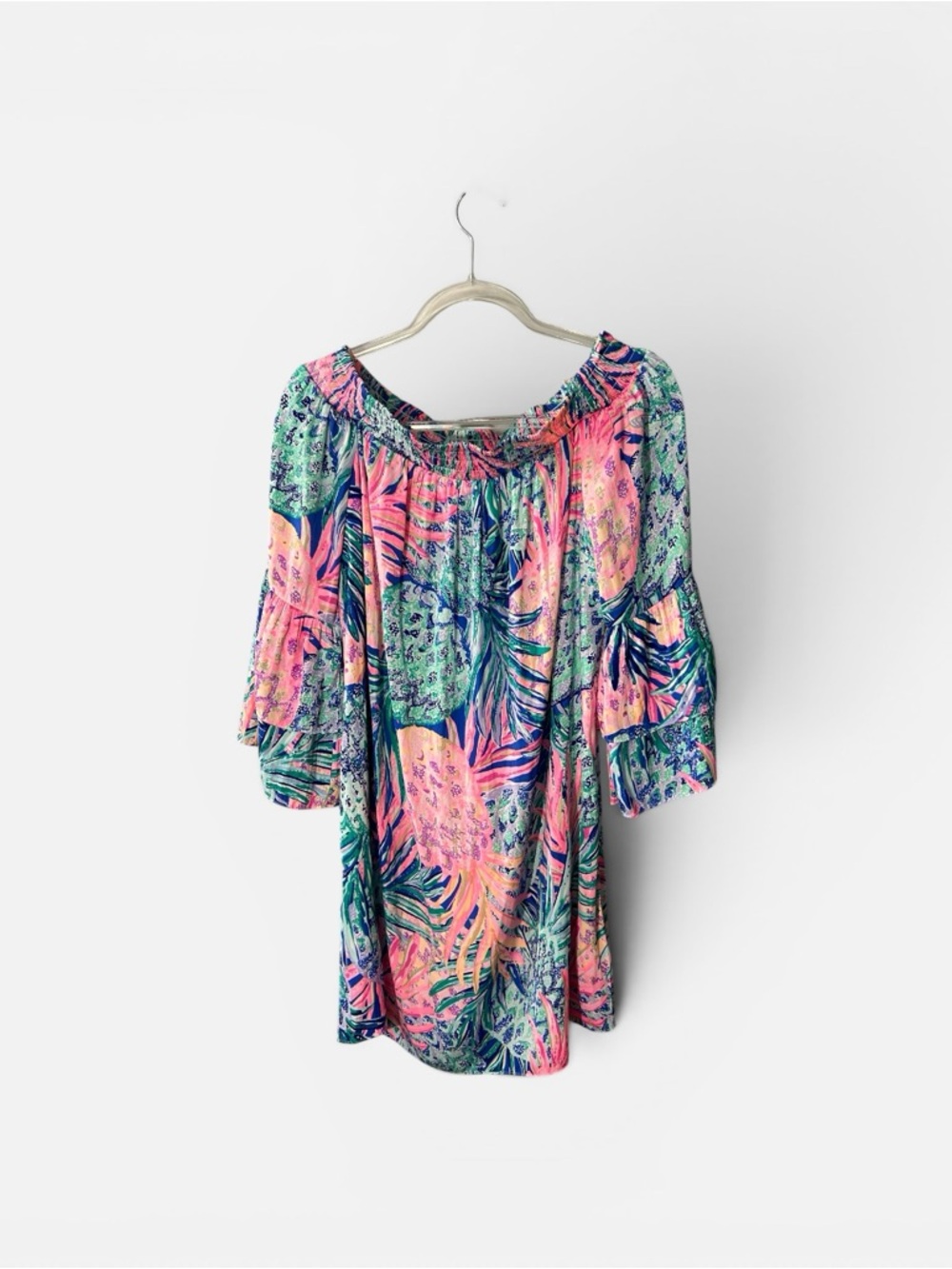 Lilly Pulitzer Tobyn Tunic Dress Gypset Paradise Off Shoulder Bell Sleeves Sz M